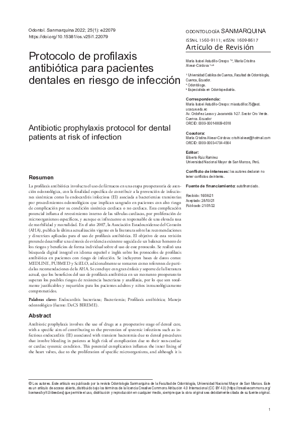 (PDF) Protocolo de profilaxis antibiótica para pacientes dentales en