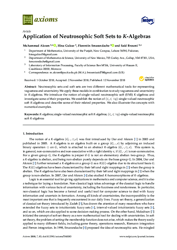 (PDF) Application of Neutrosophic Soft Sets to K-Algebras