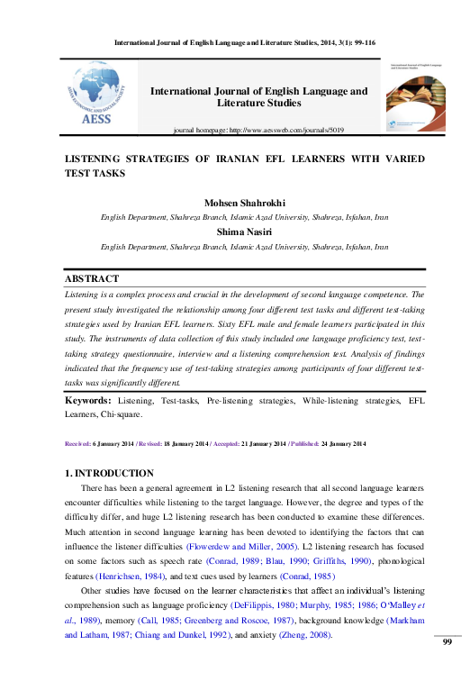 Pdf Listening Strategies Of Iranian Efl Learners With Varied Test Tasks
