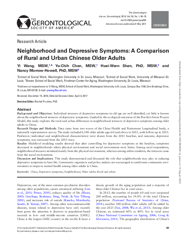 (PDF) Neighborhood and Depressive Symptoms: A Comparison of Rural and ...