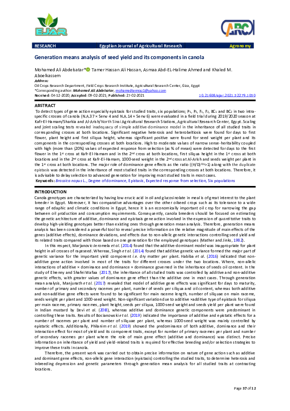 (PDF) Generation means analysis of seed yield and its components in canola