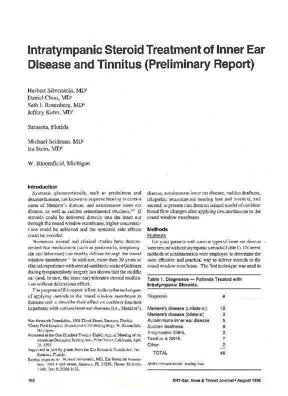 (PDF) Intratympanic Steroid Treatment of Inner Ear Disease and Tinnitus