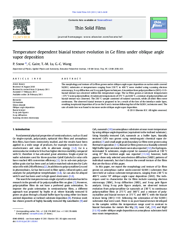 (PDF) Temperature dependent biaxial texture evolution in Ge films under ...