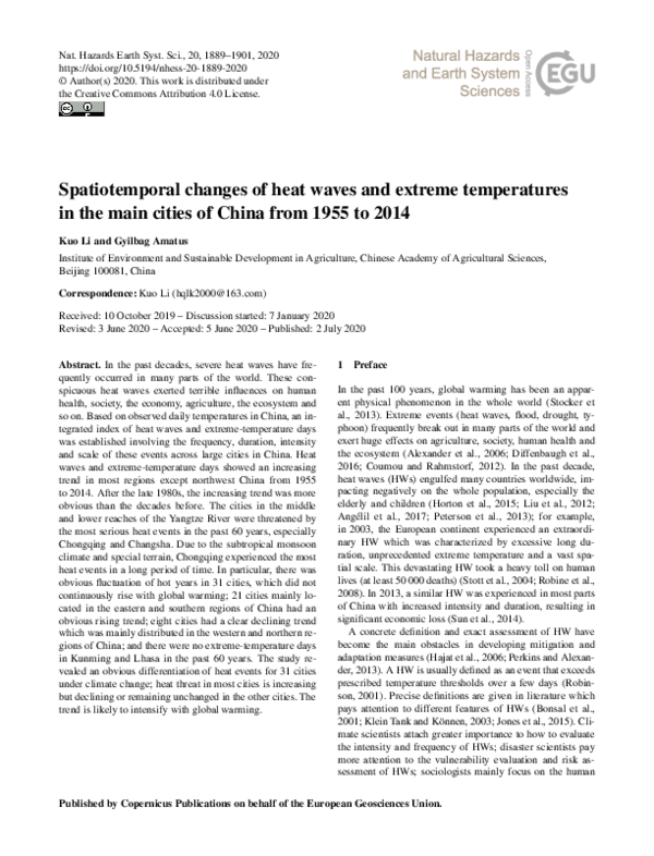 (PDF) Spatiotemporal changes of heat waves and extreme temperatures in ...