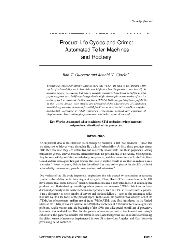(PDF) Product Life Cycles and Crime: Automated Teller Machines and Robbery