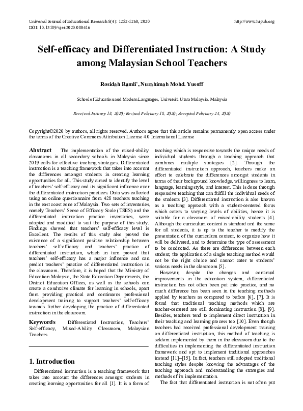(PDF) Selfefficacy and Differentiated Instruction A Study among
