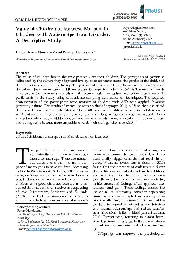 (PDF) Value of Children in Javanese Mothers to Children with Autism ...