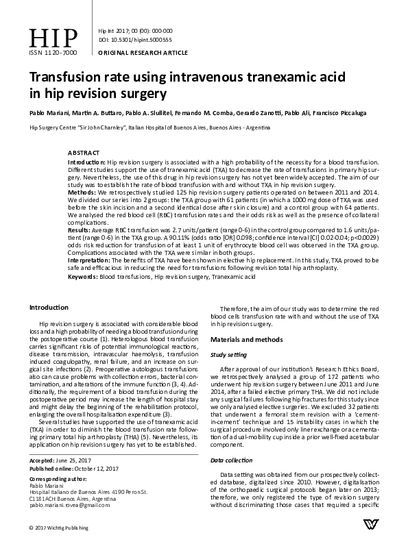 (PDF) Transfusion rate using intravenous tranexamic acid in hip ...