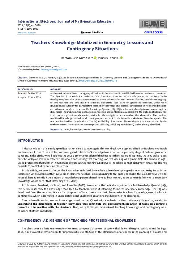(PDF) Teachers Knowledge Mobilized in Geometry Lessons and Contingency ...