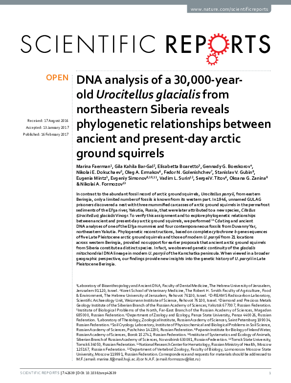 (PDF) DNA analysis of a 30,000-year-old Urocitellus glacialis from ...