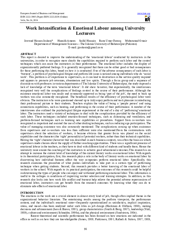 (PDF) Work Intensification & Emotional Labour among University Lecturers