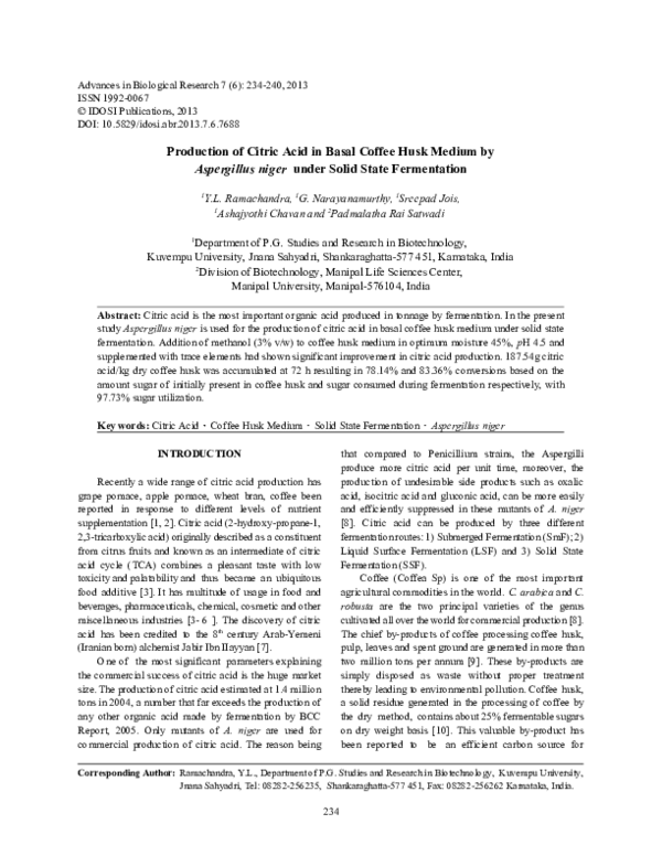 (PDF) Production of Citric Acid in Basal Coffee Husk Medium by ...