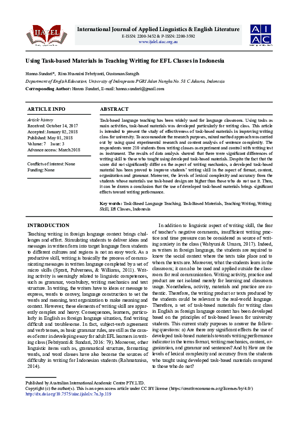 (PDF) Using Task-based Materials in Teaching Writing for EFL Classes in ...