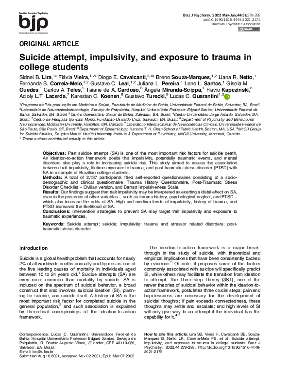 (PDF) Suicide attempt, impulsivity, and exposure to trauma in college ...
