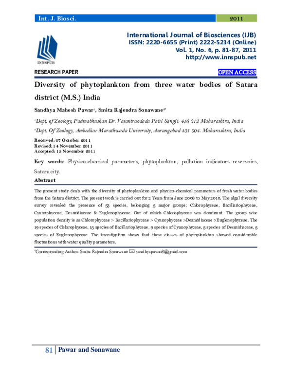 (PDF) Diversity of phytoplankton from three water bodies of Satara ...
