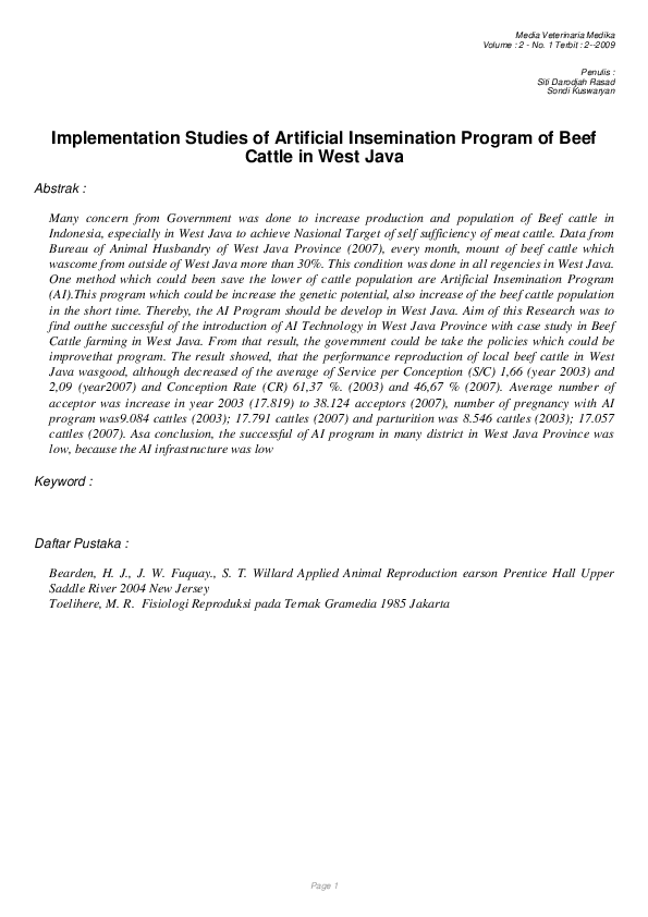 (PDF) Implementation Studies of Artificial Insemination Program of Beef ...
