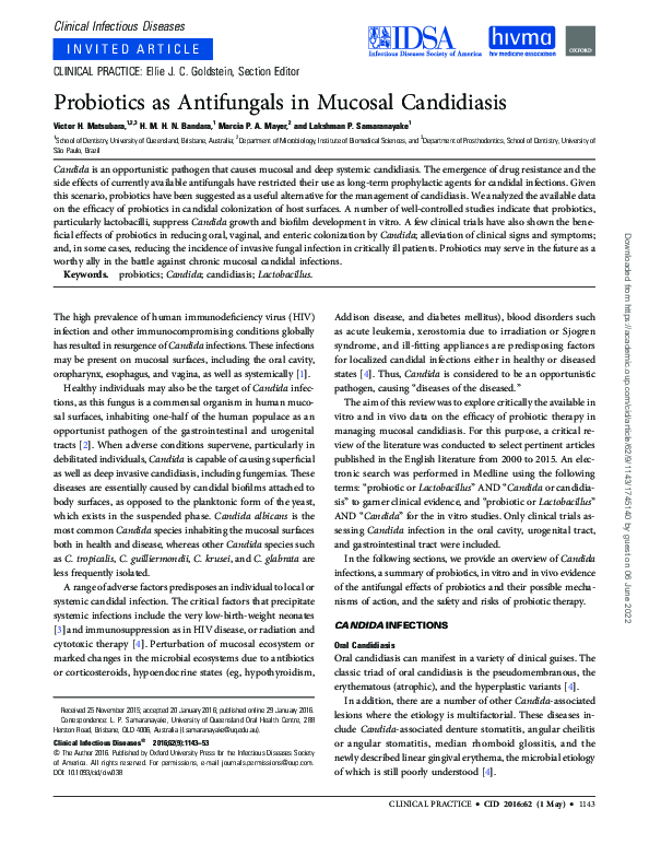 (PDF) Probiotics as antifungals in mucosal candidiasis Lakshman