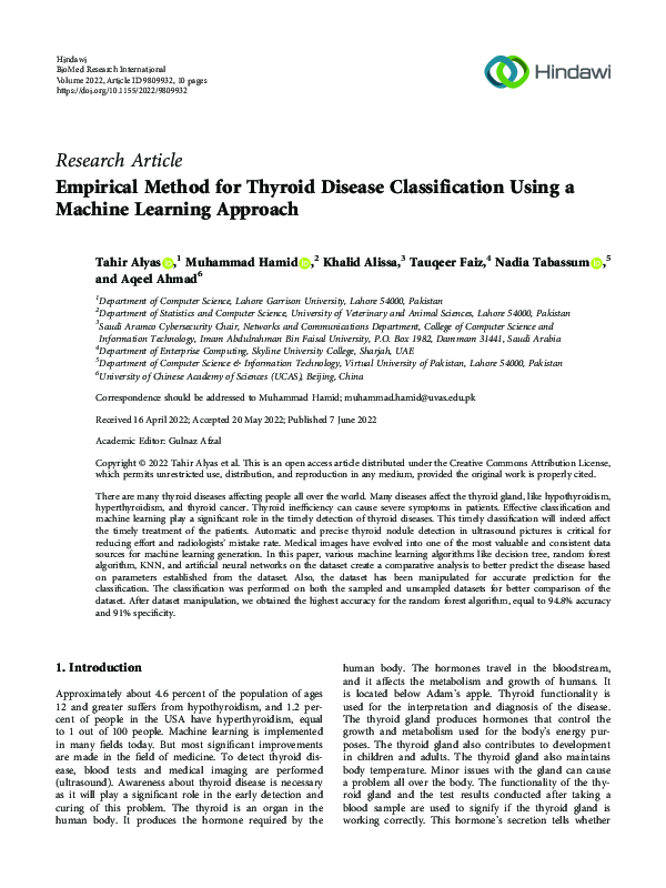 (PDF) Empirical Method for Thyroid Disease Classification Using a ...