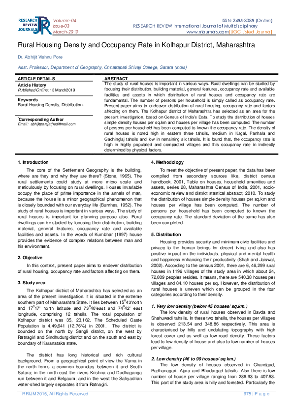 (PDF) Rural Housing Density and Occupancy Rate in Kolhapur District ...