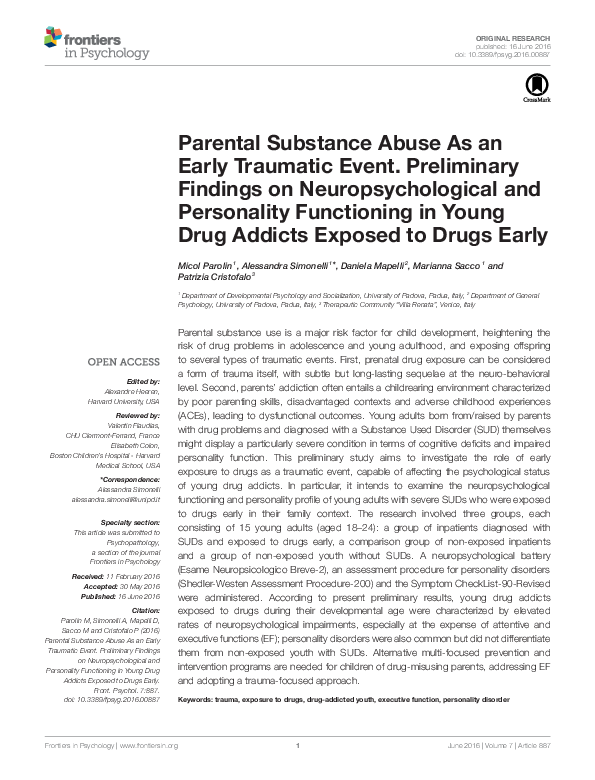 (PDF) Parental Substance Abuse As an Early Traumatic Event. Preliminary ...