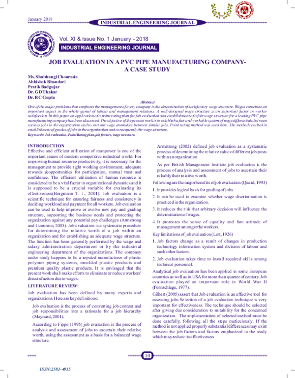 (PDF) Job Evaluation in a PVC Pipe Manufacturing CompanyA Case Study