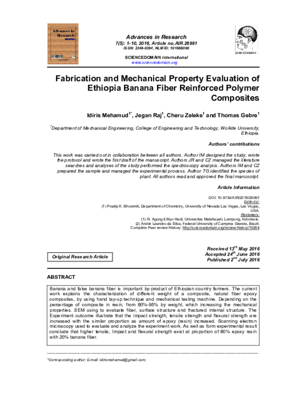 (PDF) Fabrication and Mechanical Property Evaluation of Ethiopia Banana