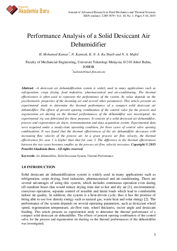 (PDF) Performance analysis of a solid desiccant air dehumidifier ...