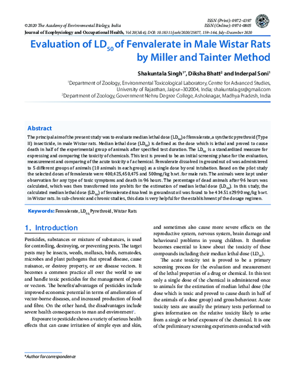 (PDF) Evaluation of LD50 of Fenvalerate in Male Wistar Rats by Miller ...