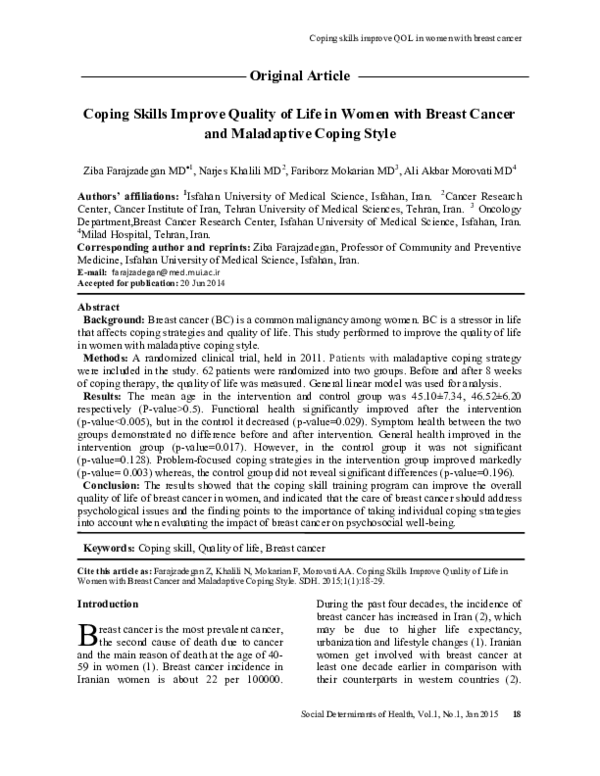 (PDF) Coping Skills Improve Quality of Life in Women with Breast Cancer ...