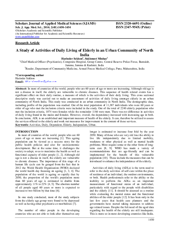 (PDF) A Study of Activities of Daily Living of Elderly in an Urban ...