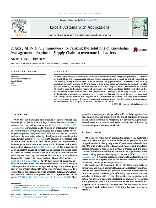 (PDF) A fuzzy AHP-TOPSIS framework for ranking the solutions of ...