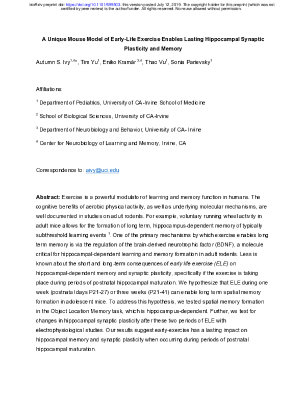 (PDF) A Unique Mouse Model of Early-Life Exercise Enables Lasting ...