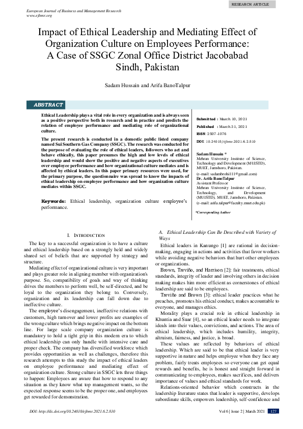 (PDF) Impact of Ethical Leadership and Mediating Effect of Organization ...