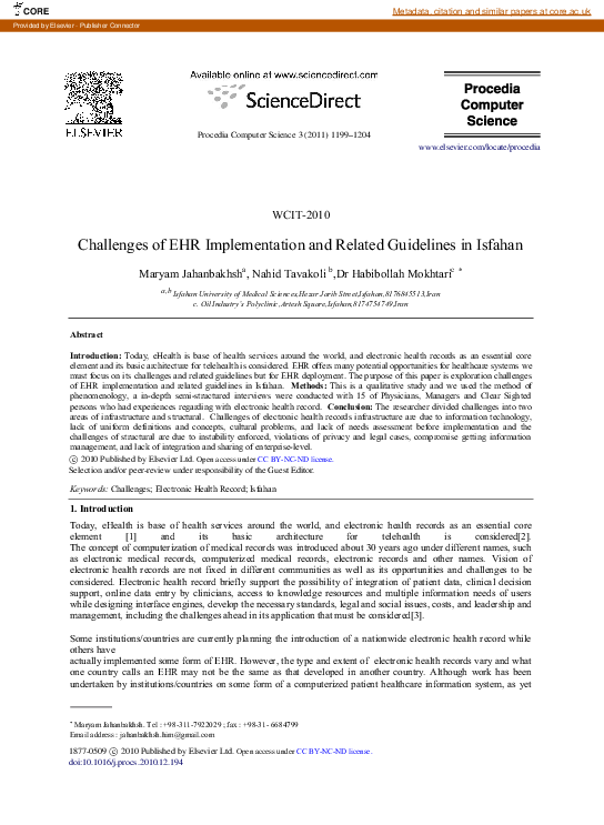 (PDF) Challenges of EHR implementation and related guidelines in Isfahan