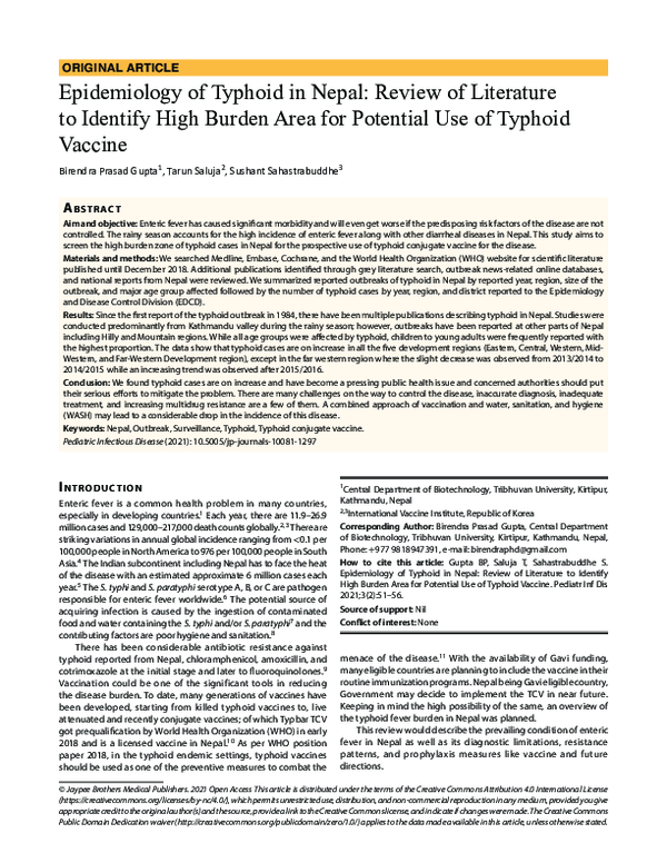 (PDF) Epidemiology of Typhoid in Nepal: Review of Literature to ...