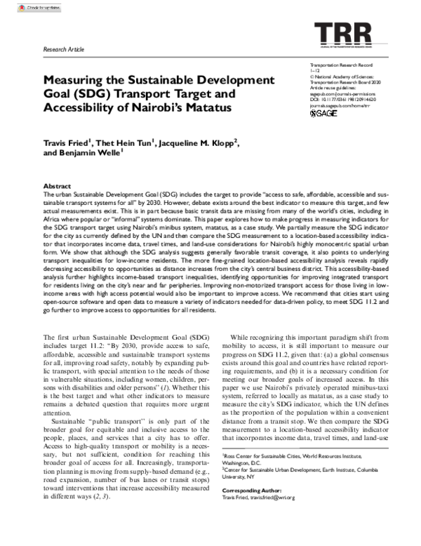 (PDF) Measuring the Sustainable Development Goal (SDG) Transport Target ...