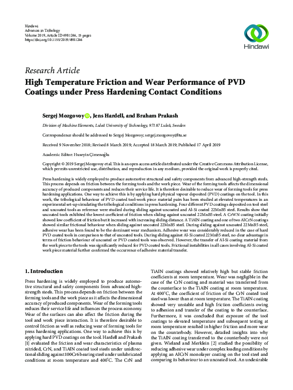 (PDF) High Temperature Friction and Wear Performance of PVD Coatings ...