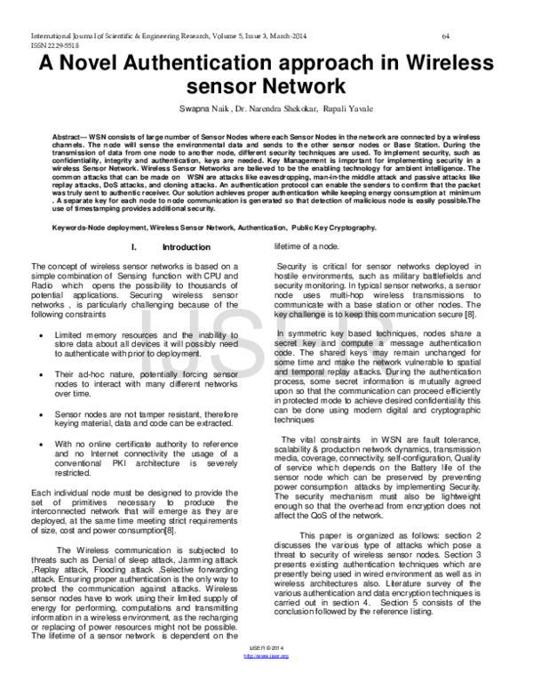 (PDF) A Novel Authentication approach in Wireless sensor Network