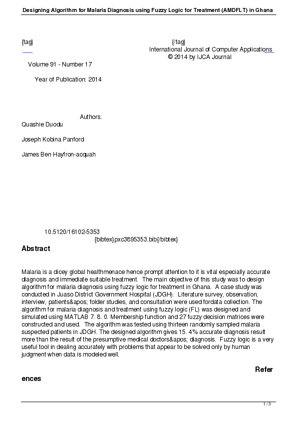 (PDF) Designing Algorithm for Malaria Diagnosis using Fuzzy Logic for ...