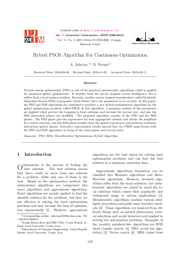 (PDF) Hybrid PSOS Algorithm For Continuous Optimization