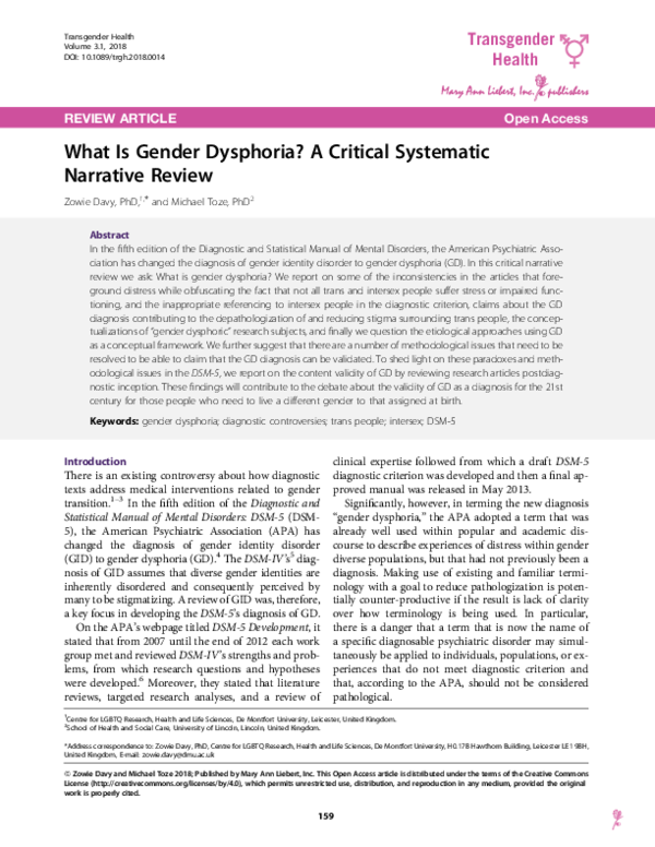 (PDF) What Is Gender Dysphoria? A Critical Systematic Narrative Review