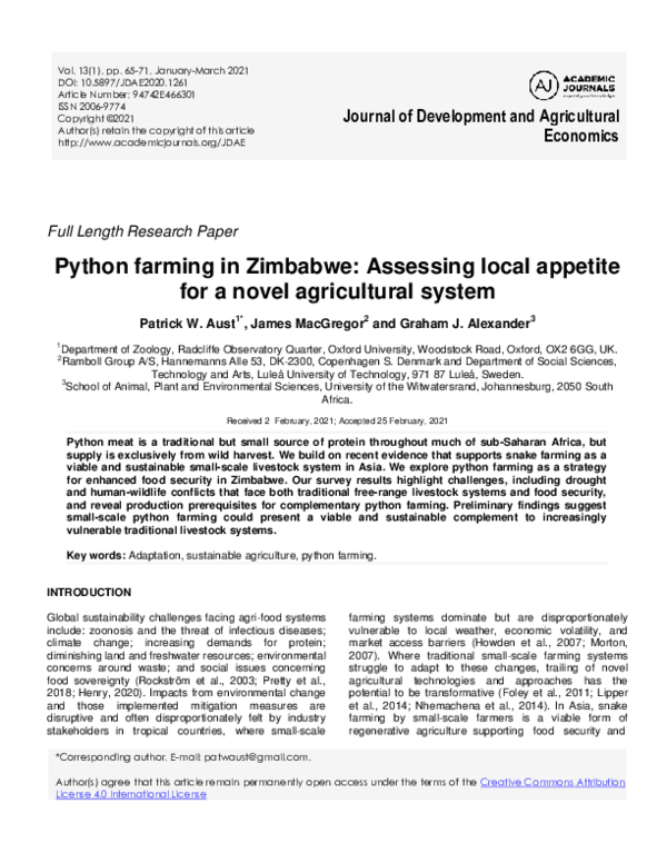 (PDF) Python farming in Zimbabwe: Assessing local appetite for a novel ...