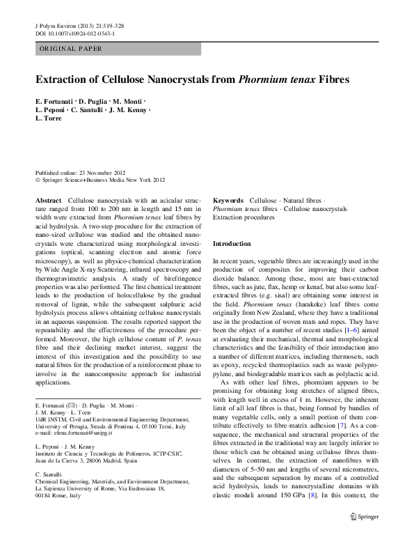 (PDF) Extraction of Cellulose Nanocrystals from Phormium tenax Fibres