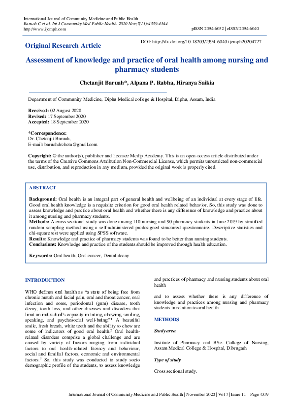 (PDF) Assessment of knowledge and practice of oral health among nursing ...