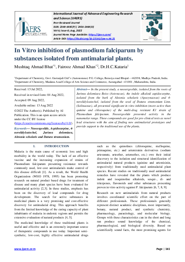 (PDF) In Vitro inhibition of plasmodium falciparum by substances ...
