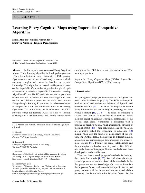 (PDF) Learning Fuzzy Cognitive Maps using Imperialist Competitive Algorithm