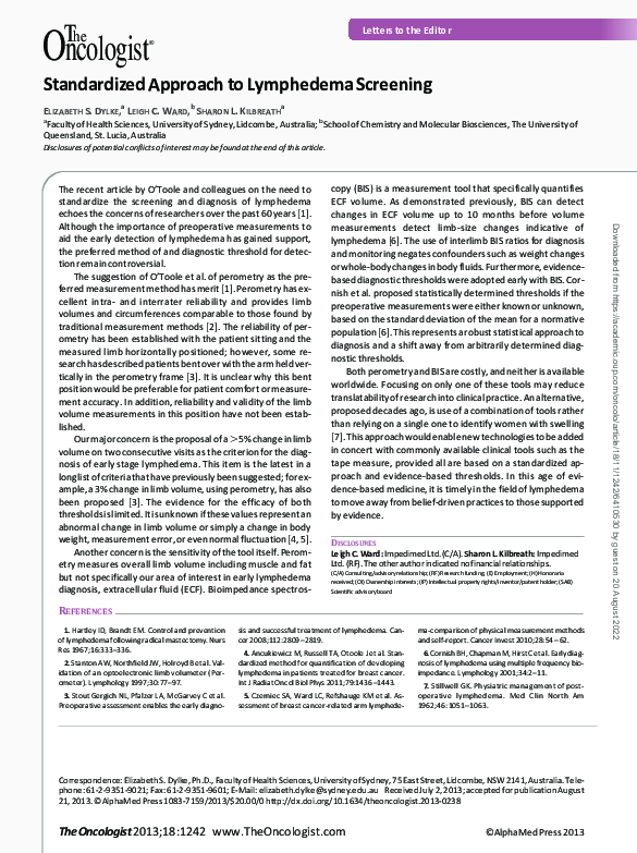 (PDF) Standardized Approach to Lymphedema Screening