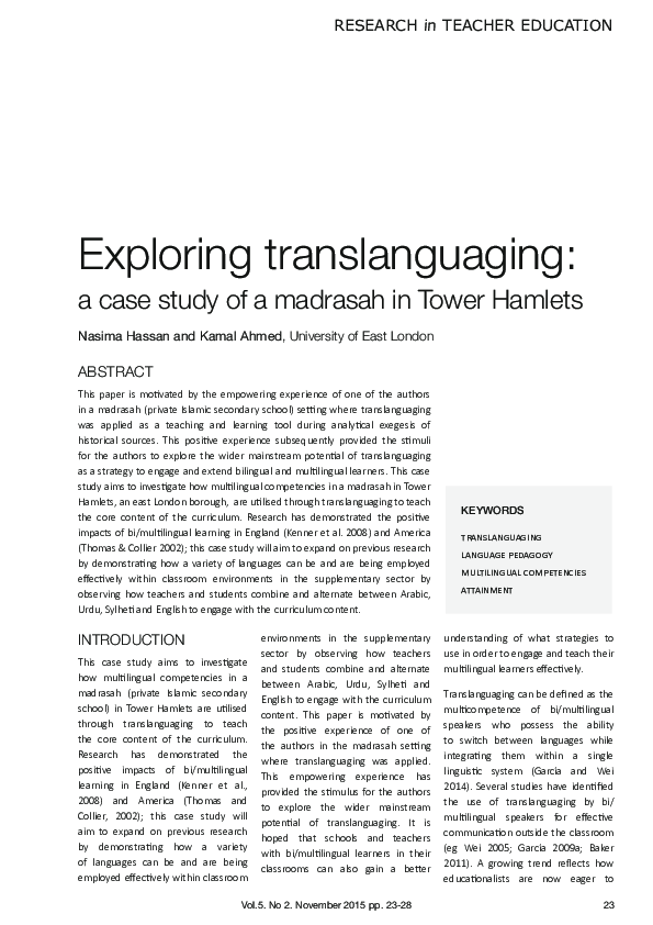 (PDF) Exploring translanguaging a case study of a madrasah in Tower