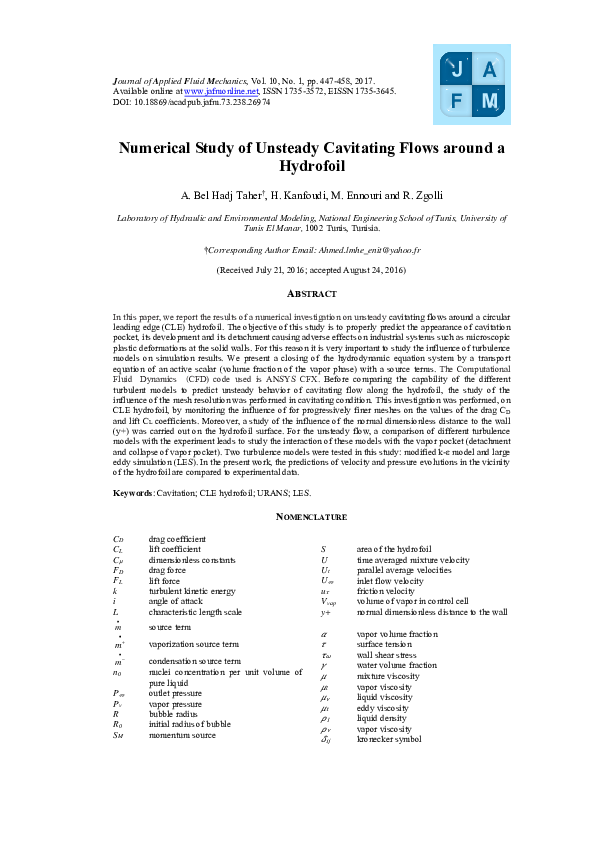 (PDF) Numerical Study of Unsteady Cavitating Flows around a Hydrofoil