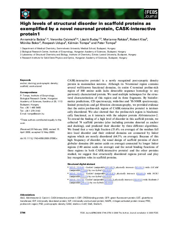 (PDF) Structural Disorder in CASK-Interactive Protein1 and Scaffold ...